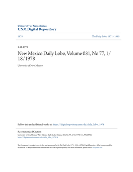 New Mexico Daily Lobo, Volume 081, No 77, 1/18/1978." 81, 77 (1978)