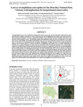 A Survey of Amphibians and Reptiles in Chu Mom Ray National Park, Vietnam, with Implications for Herpetofaunal Conservation