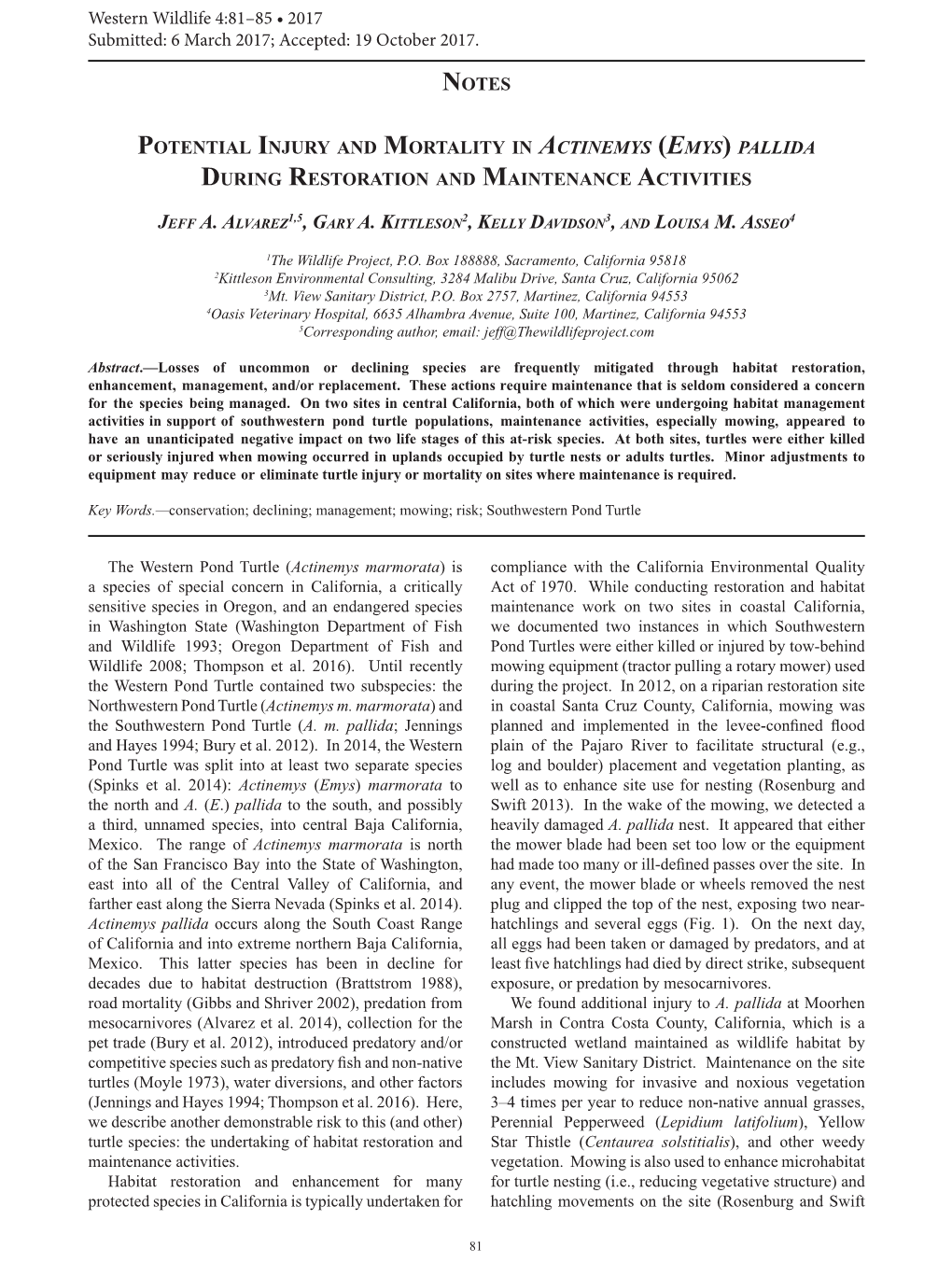 Notes Potential Injury and Mortality in Actinemys