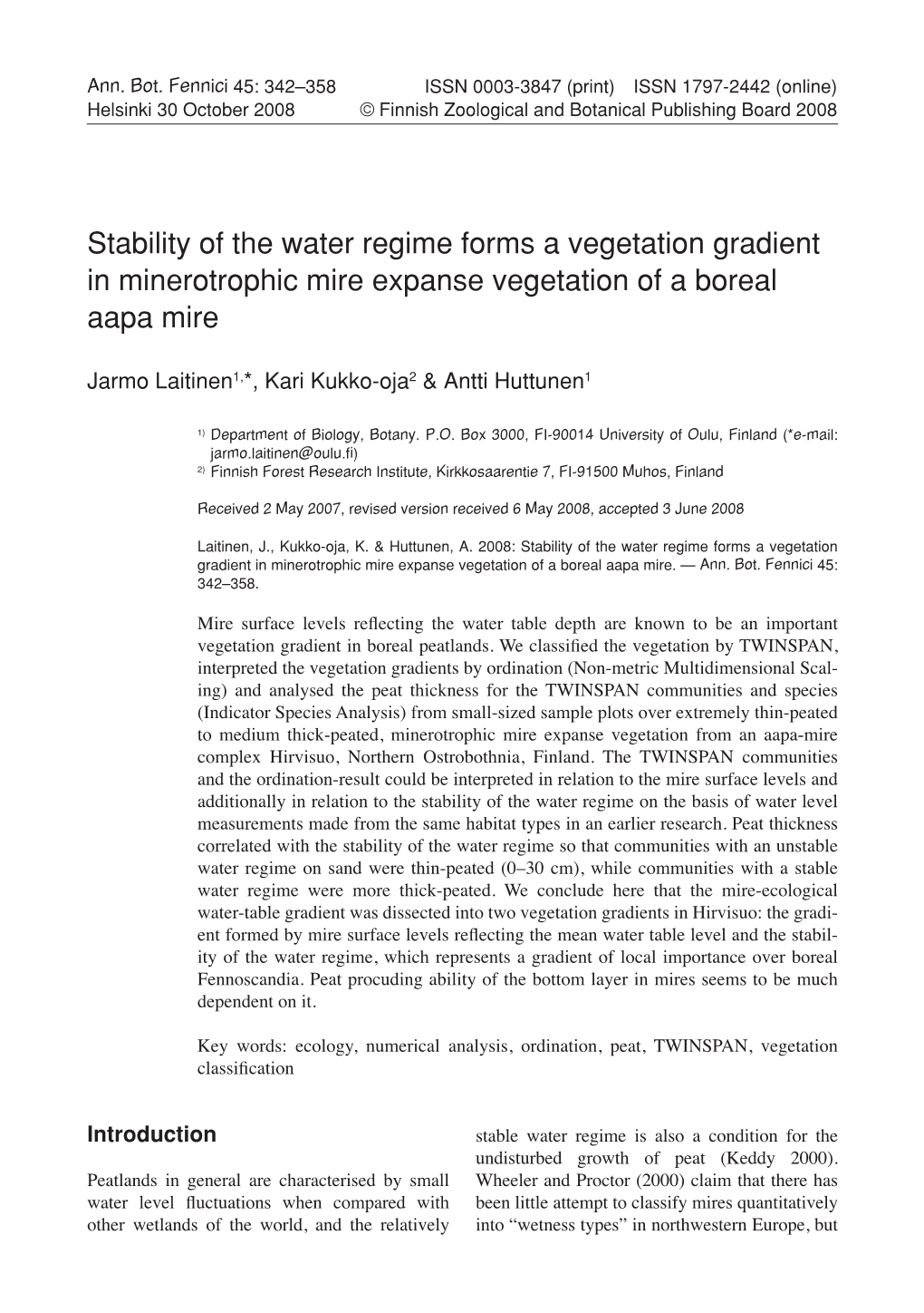 Stability of the Water Regime Forms a Vegetation Gradient in Minerotrophic Mire Expanse Vegetation of a Boreal Aapa Mire