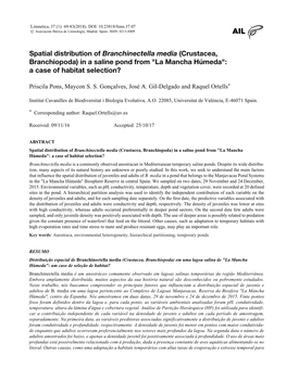 Spatial Distribution of Branchinectella Media (Crustacea, Branchiopoda) in a Saline Pond from "La Mancha Húmeda": a Case of Habitat Selection?