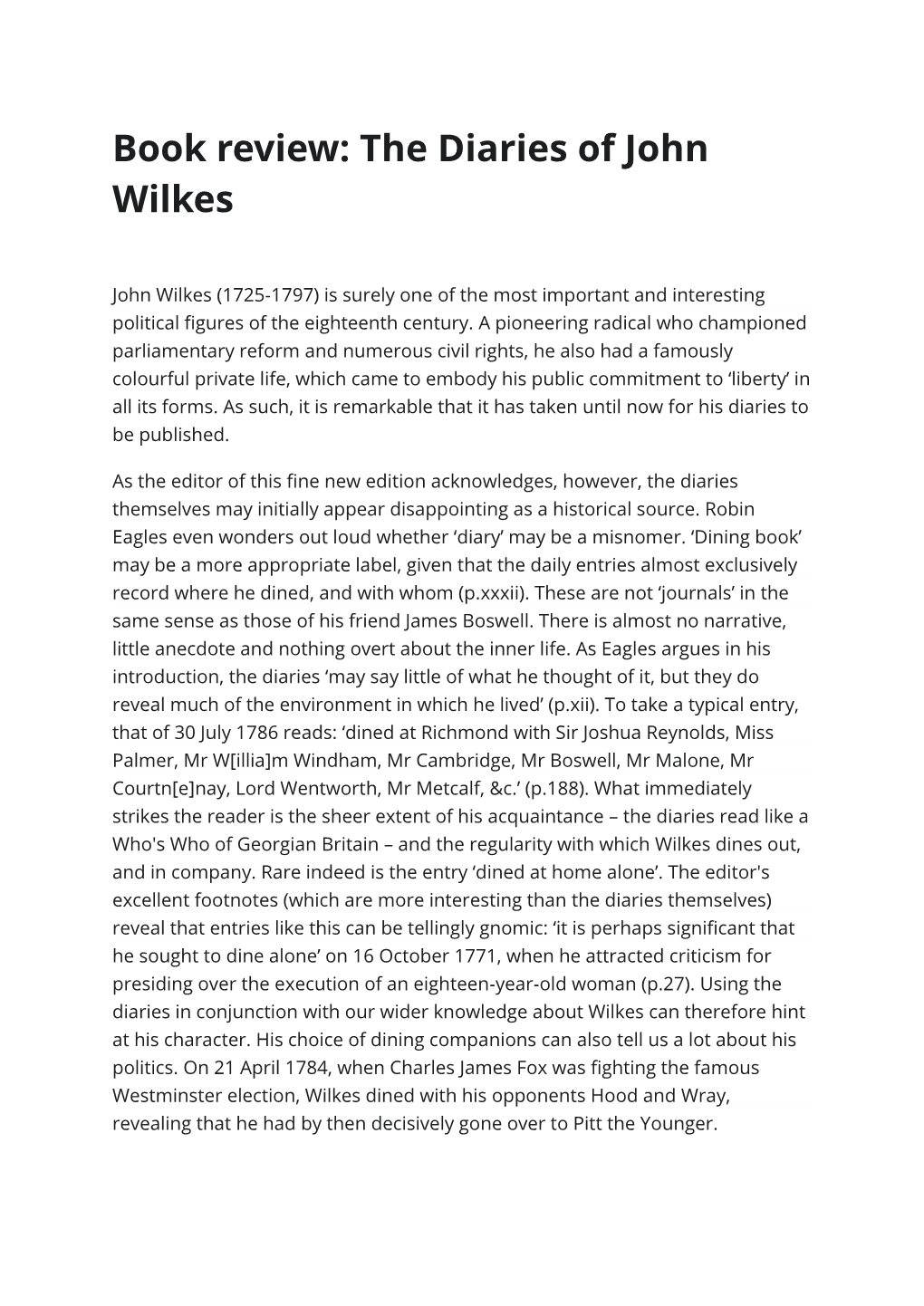 The Diaries of John Wilkes