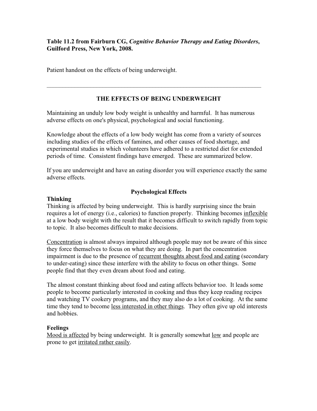 Patient Handout on the Effects of Being Underweight