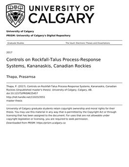 Controls on Rockfall-Talus Process-Response Systems, Kananaskis, Canadian Rockies