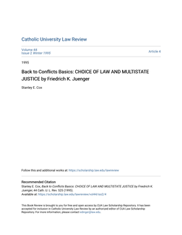 Conflicts Basics: CHOICE of LAW and MULTISTATE JUSTICE by Friedrich K. Juenger