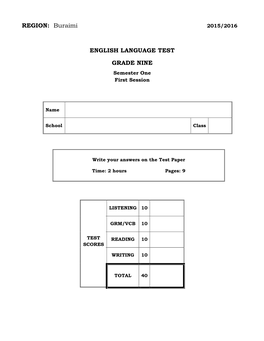 REGION: Buraimi ENGLISH LANGUAGE TEST GRADE NINE