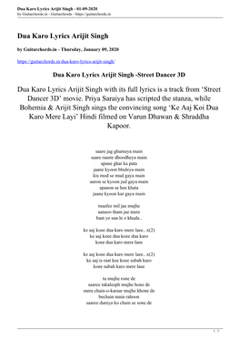 Dua Karo Lyrics Arijit Singh - 01-09-2020 by Guitarchords.In - Guitarchords