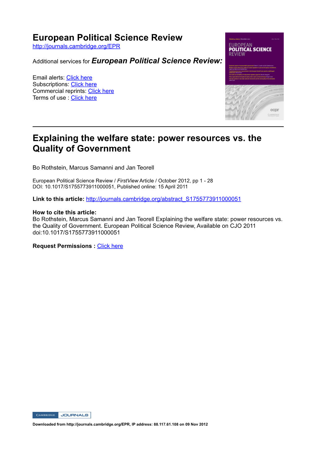 European Political Science Review Explaining the Welfare State: Power