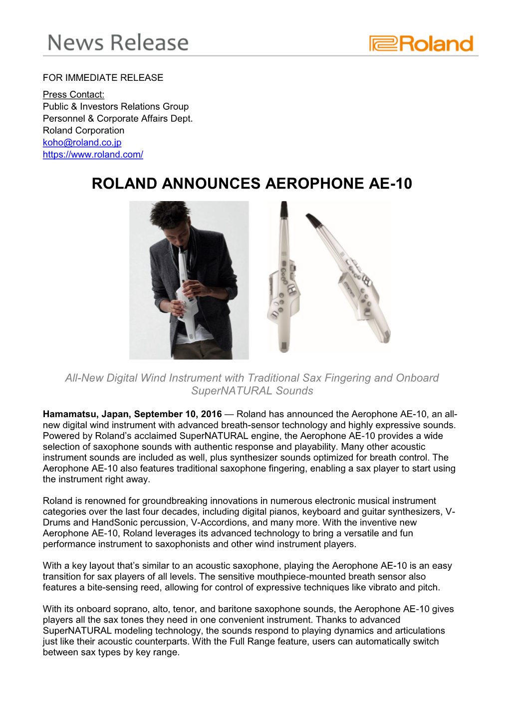 Roland Announces Aerophone Ae-10