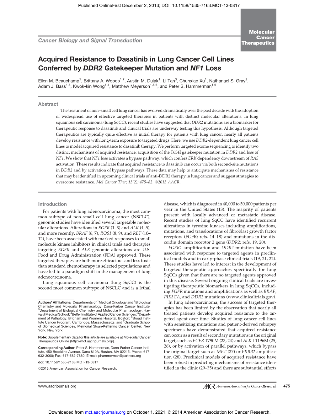 Acquired Resistance to Dasatinib in Lung Cancer Cell Lines Conferred by DDR2 Gatekeeper Mutation and NF1 Loss