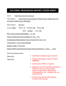 Cultural Resources Report Cover Sheet