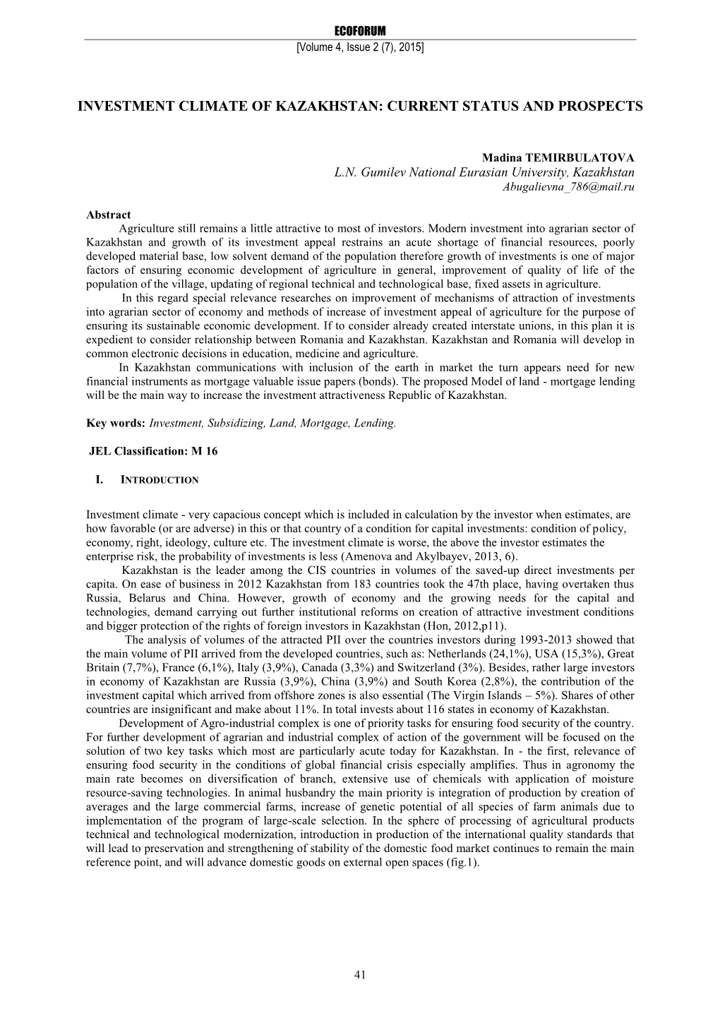 Investment Climate of Kazakhstan: Current Status and Prospects