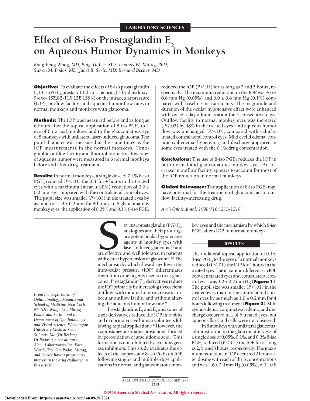 Effect of 8-Iso Prostaglandin E2 on Aqueous Humor Dynamics in Monkeys