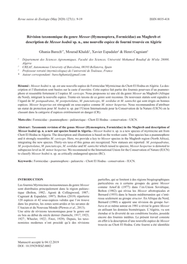 Révision Taxonomique Du Genre Messor (Hymenoptera, Formicidae) Au Maghreb Et Description De Messor Hodnii Sp