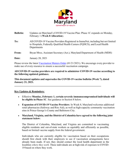 Bulletin: Updates on Maryland's COVID-19 Vaccine Plan: Phase 1C