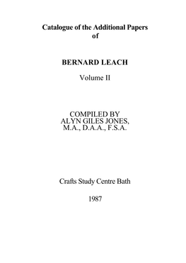 Catalogue of the Additional Papers of Bernard Leach