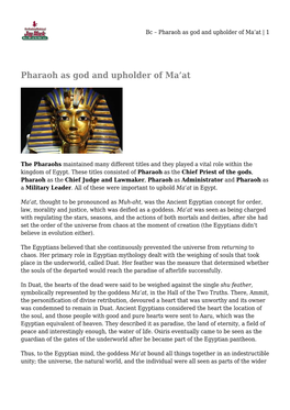 Pharaoh As God and Upholder of Ma'at