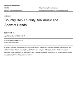 Rurality, Folk Music and 'Show of Hands'