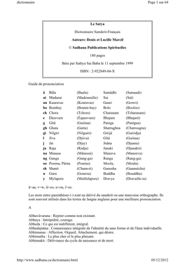 Le Satya Dictionnaire Sanskrit-Français Auteurs