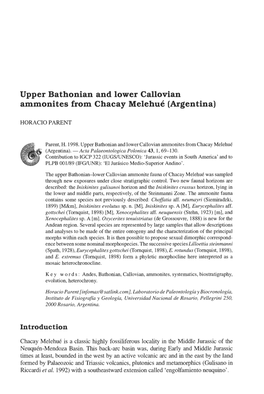 Upper Bathonian and Lower Callovian Ammonites from Chacay Melehu6 (Argentina)