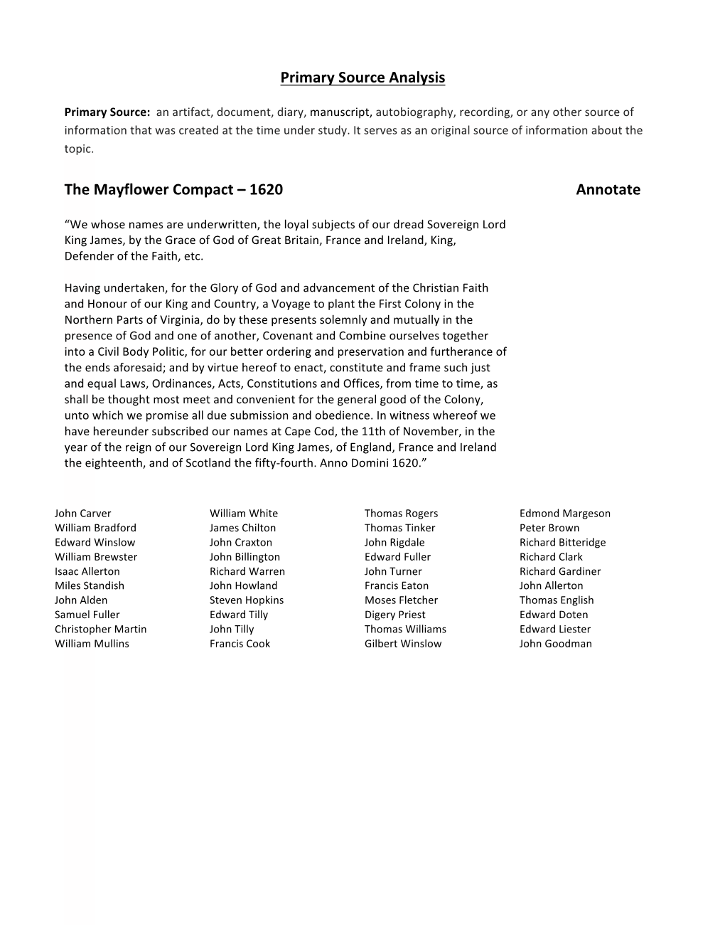 Mayflower Compact Analysis Pdf