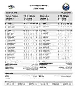 Nashville Predators Game Notes