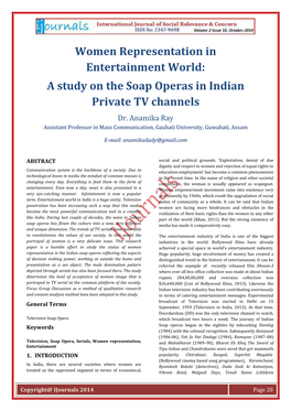 Women Representation in Entertainment World: a Study on the Soap Operas in Indian Private TV Channels Dr