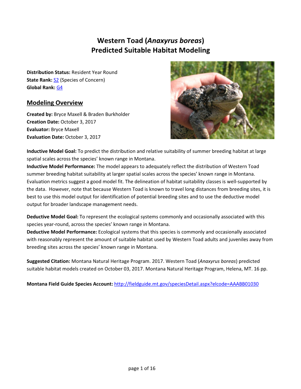 Western Toad (Anaxyrus Boreas) Predicted Suitable Habitat Modeling