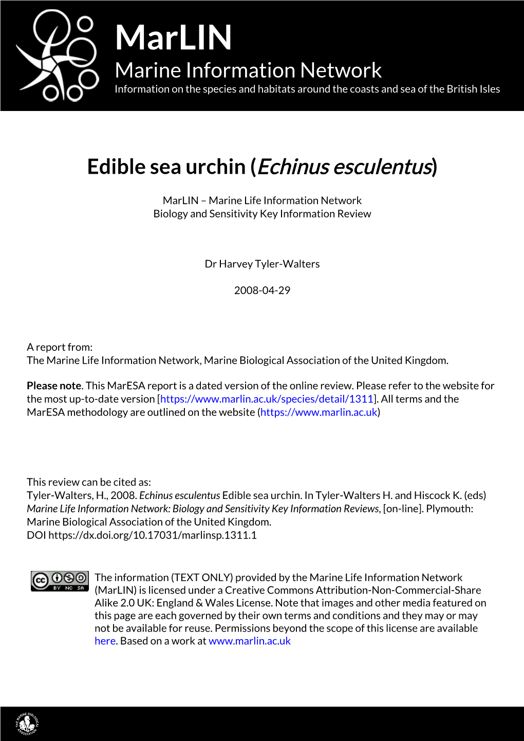 Marlin Marine Information Network Information on the Species and Habitats Around the Coasts and Sea of the British Isles