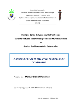 CULTURES DE RENTE ET REDUCTION DES RISQUES DE CATASTROPHE, Cas Du District D’Antalaha