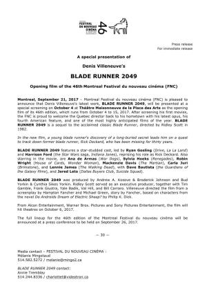 Blade Runner 2049 to Open the 46Th Festival Du Nouveau Cinéma