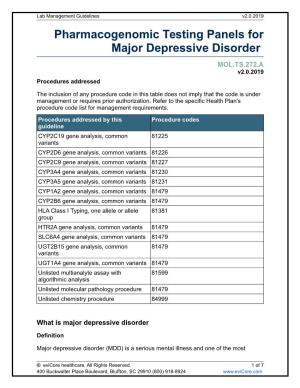 Pharmacogenomic Testing Panels for Major Depressive Disorder