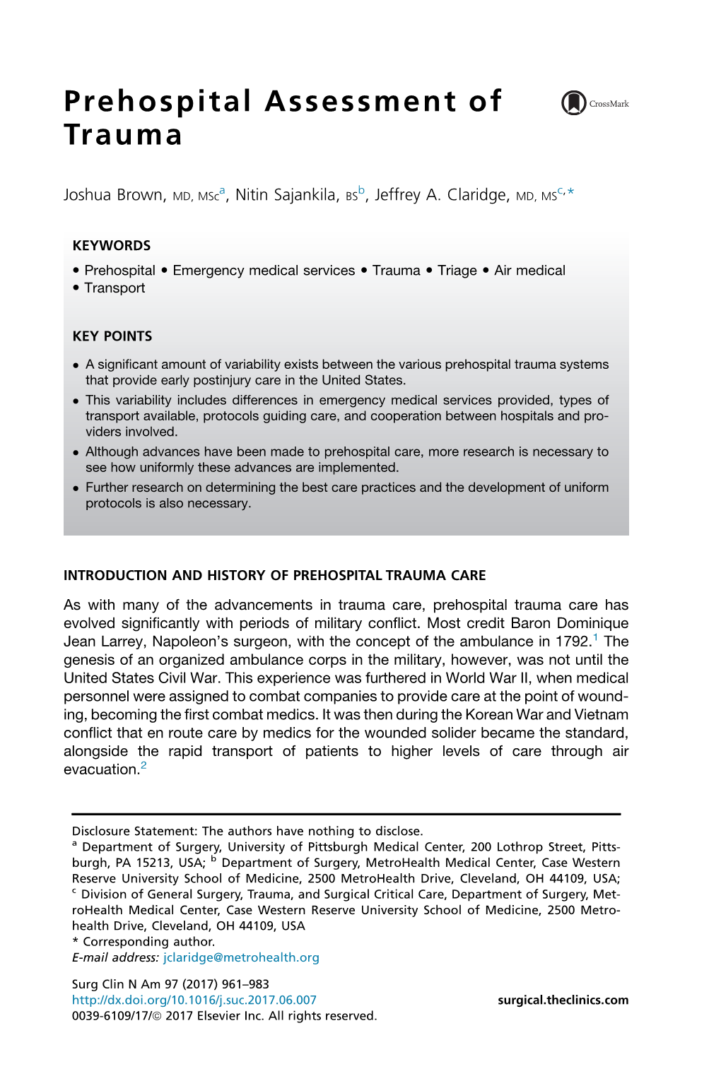 Prehospital Assessment of Trauma