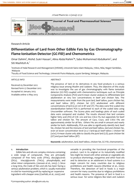 Differentiation of Lard from Other Edible Fats by Gas Chromatography- Flame Ionisation Detector (GC-FID) and Chemometrics