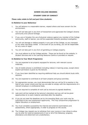 Gower College Swansea Student Code of Conduct