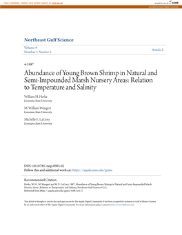 Abundance of Young Brown Shrimp in Natural and Semi-Impounded Marsh Nursery Areas: Relation to Temperature and Salinity William H