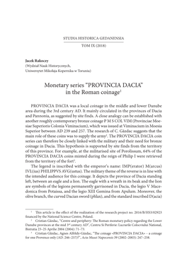 Monetary Series “PROVINCIA DACIA” in the Roman Coinage1