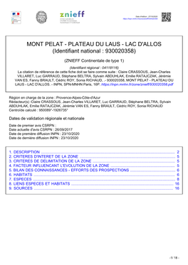 MONT PELAT - PLATEAU DU LAUS - LAC D'allos (Identifiant National : 930020358)