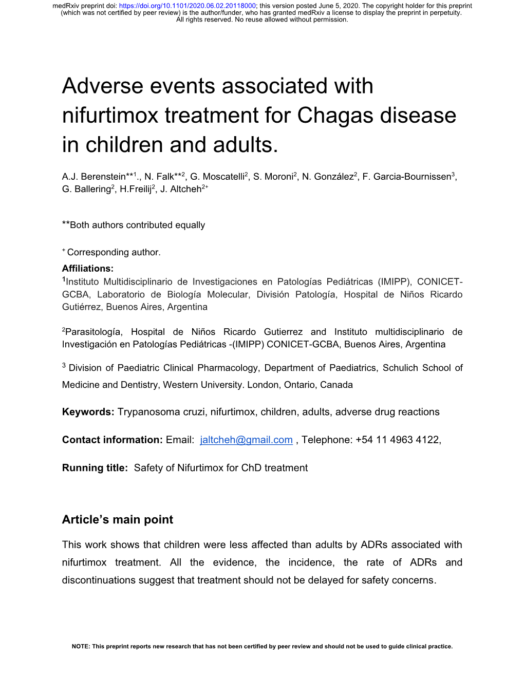 Adverse Events Associated with Nifurtimox Treatment for Chagas Disease in Children and Adults