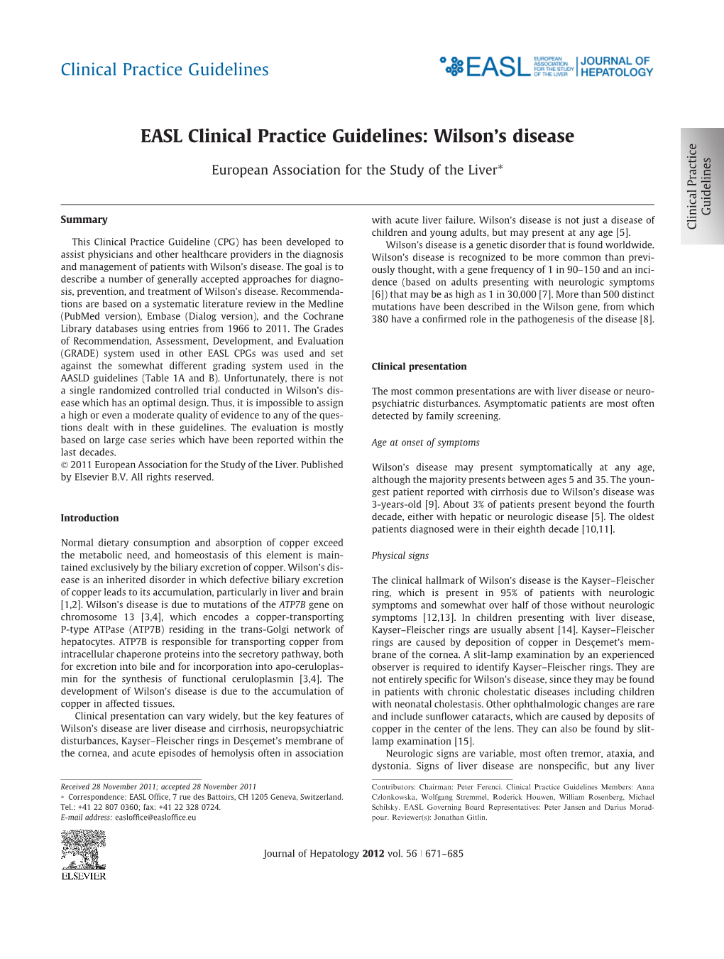 EASL Clinical Practice Guidelines: Wilson's Disease