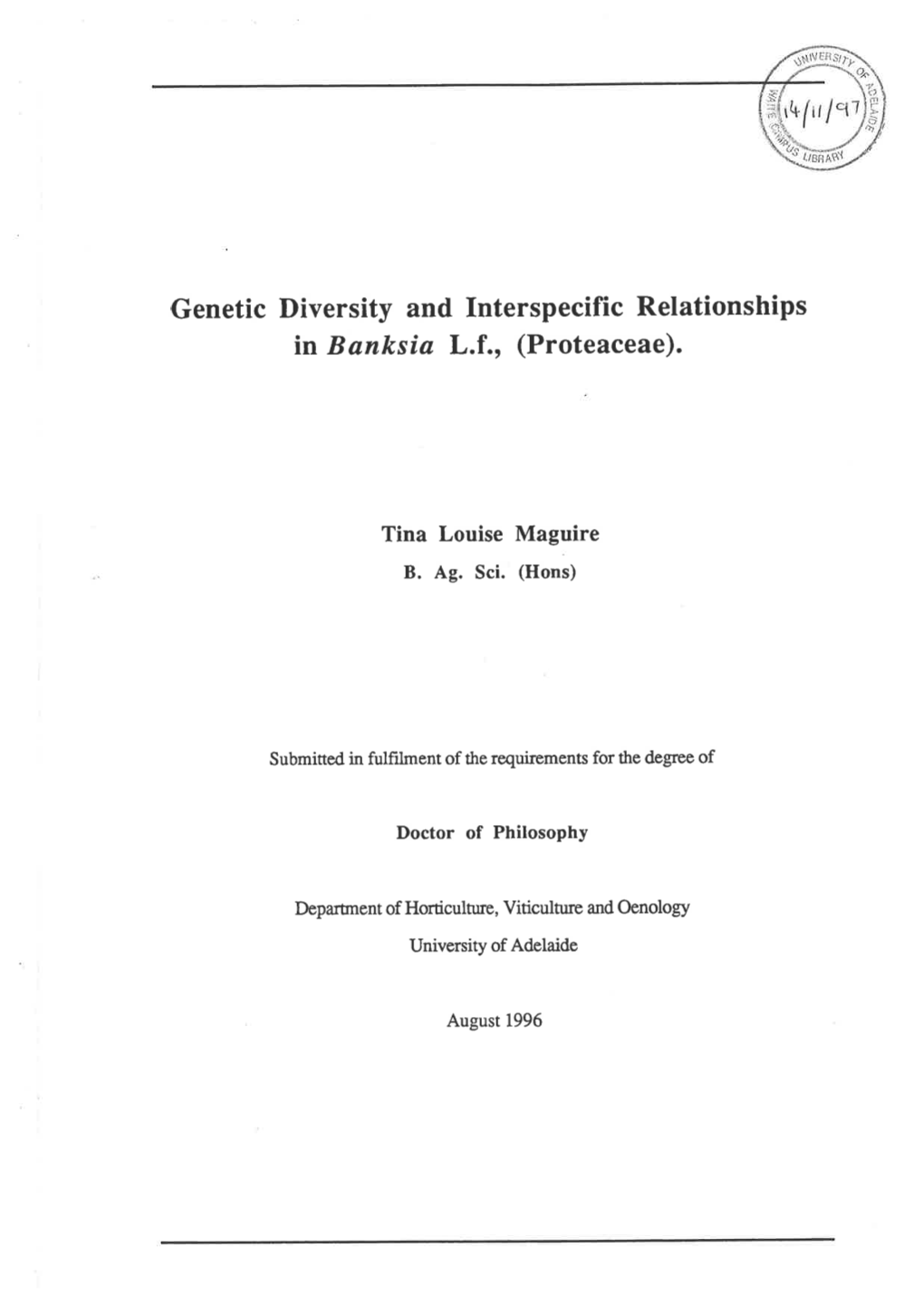 Genetic Diversity and Interspecific Relationships in Banksia L.F., (Proteaceae)