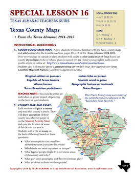 Texas County Maps STAAR • from the Texas Almanac 2014–2015 4, 7 - Writing - 1 4, 7, 8 - Reading - 3 8 - Social Studies - 2 Instructional Suggestions