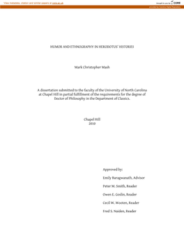 HUMOR and ETHNOGRAPHY in HERODOTUS' HISTORIES Mark Christopher Mash a Dissertation Submitted to the Faculty of the University
