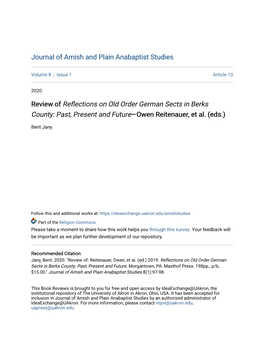 Review of Reflections on Old Order German Sects in Berks County: Past, Present and Futureâ•Flowen Reitenauer, Et Al. (Eds.)
