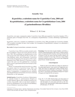 Kryptolebias, a Substitute Name for Cryptolebias Costa, 2004 and Kryptolebiatinae, a Substitute Name for Cryptolebiatinae Costa, 2004 (Cyprinodontiformes: Rivulidae)