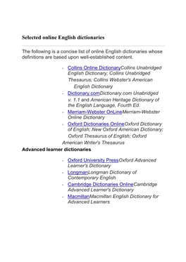 Selected Online English Dictionaries