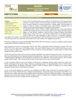 Niger Monthly Food Security Update, June 2006