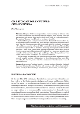 On Estonian Folk Culture: Pro Et Contra