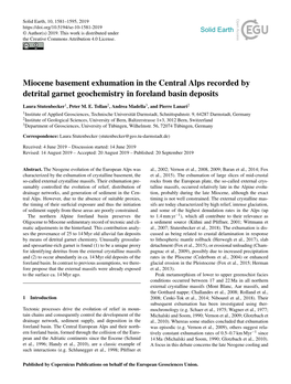 Miocene Basement Exhumation in the Central Alps Recorded by Detrital Garnet Geochemistry in Foreland Basin Deposits