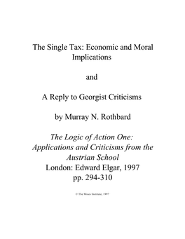 The Single Tax: Economic and Moral Implications